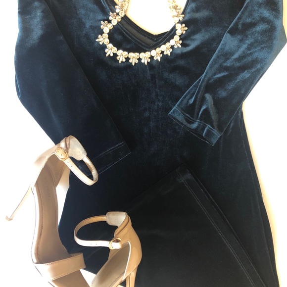Mini length V neck dark green faux velvet dress - Picture 1 of 5
